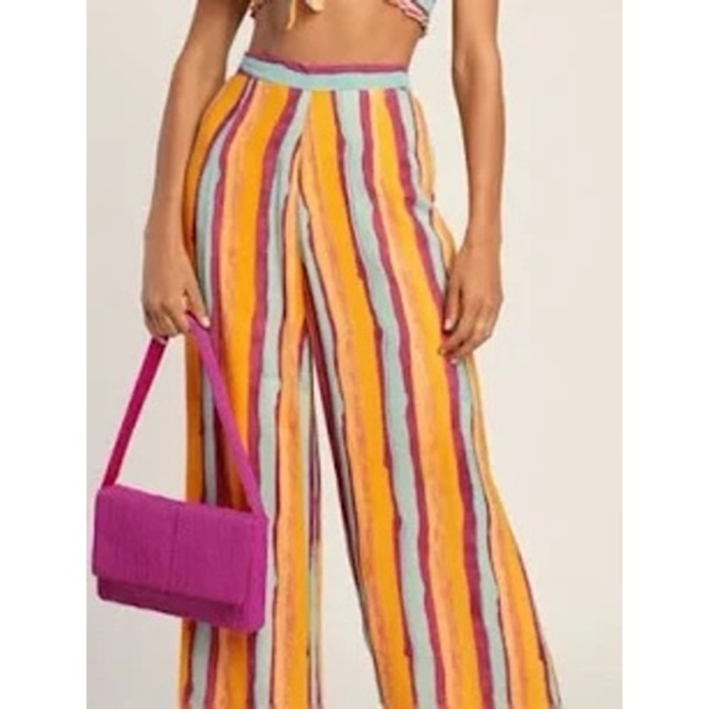 Lulu's women XL striped wide leg crepe summer beach pants lightweight costal